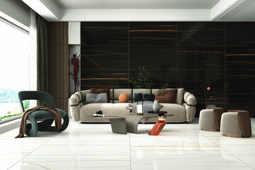 Luxury and bright living room interior with grey sofa, black glass coffee table, black marble wall, white floor, other decorative stuff. 3D Illustration. 3D Rendering