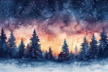 Whimsical watercolor depiction of a Christmas treeladen magical forest under a starry winter sky, perfect for seasonal decor