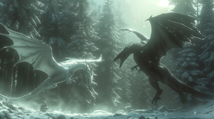 Wall Mural - a pair of dragons. white and black dragon together in a magical forest.