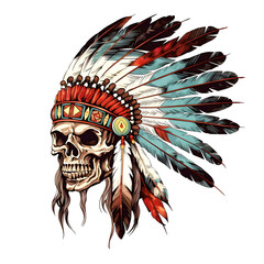 Wall Mural - Watercolor native American skull with Indian headdress isolated on white background