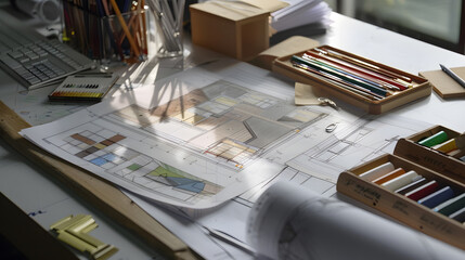 Poster - Architect designer Interior creative working hand drawing sketch plan blueprint selection material color samples art tools Design Studio : Generative AI