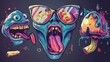 In this post you will find psychedelic banners with psychedelic illustrations of aliens with mushrooms in their mouths. Modern cartoon posters with acid stickers of marstian heads with glasses and