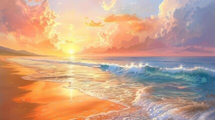 Wall Mural - Majestic sunrise over a tranquil beach, painting the sky with hues of orange and pink