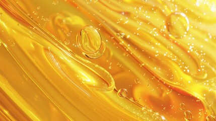 Poster - modern realistic background of golden cosmetic or cooking oil with glossy drops, with a background t