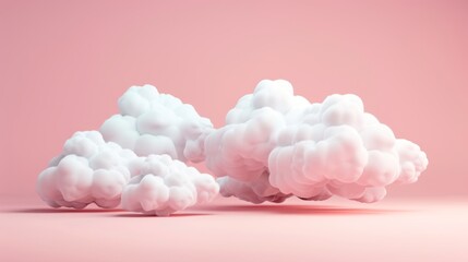 Poster - A 3D render illustration of simple white fluffy clouds isolated on a pink background. The image represents a cloudy sky and weather icons, signs of meteorology, freedom, and heaven.