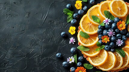 Wall Mural -   Blueberries, oranges, and other fruits sit on a dark background surrounded by foliage and blossoms