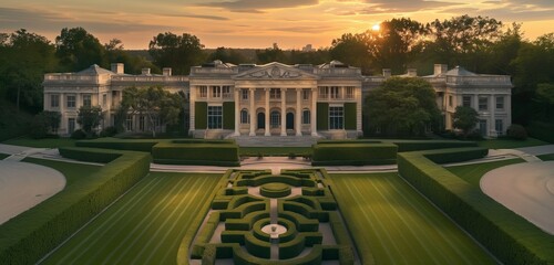 Wall Mural - An aerial view of a neoclassical mansion during the golden hour, highlighting the symmetrical beauty of its architecture, the sprawling front lawn with its artistic hedge designs.