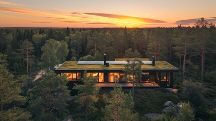 Wall Mural - An aerial view of a Nordic home during the golden hour, its green roof blending with the surrounding forest, solar panels barely visible, embodying sustainable.