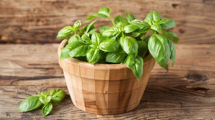 Wall Mural - Fresh basil leaves in a wooden pot on rustic background