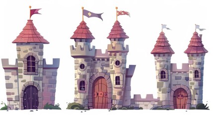 Poster - Castle with stone brick walls, wooden gates, arch, towers, windows, and flags on top. Modern illustration of houses in a fantasy kingdom.
