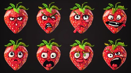 Wall Mural - Fresh red strawberry characters with different facial expressions. Icons of fresh red berries with green leaves and faces with emotions isolated on black backgrounds.