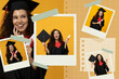Images with young woman student on yellow background, concept of study