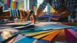 © Generative AI - Interior architect designer at workstation table choosing various color samples art tool design with home blueprint Creative color selection for house renovation or design concept Insi : Generative AI