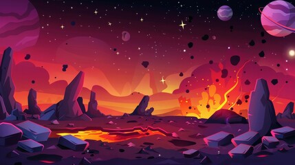 Wall Mural - Detailed illustration of an alien planet with rocky surface, hot lava in cracks, piles of stones on a dark outer space background with planets and stars. Cartoon modern illustration.