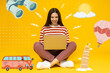 Young woman with laptop, summer and travel concept, image for your advertising