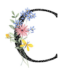 Letter C, floral monogram with watercolor wild flowers and leaf. Letterhead, initial perfectly for wedding invitation, greeting card, logo, poster and other design. Holiday design hand painting.