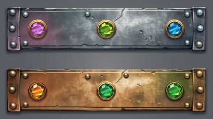 Poster - a medieval bronze game button. a fantasy interface title isolated on a metal border. an ancient rect