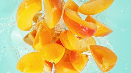 Fototapete - Super Slow Motion of Falling Apricots Slices into Water, Blue Background. Filmed on High Speed Cinema Camera, 1000 fps. Camera Tracking the Target.