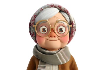 3d avatar of a cute grandmother in glasses and a scarf on a white background