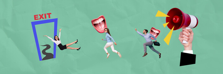 Sticker - Panoramic collage picture young workers bullhorn announce information exit doorway body fragment proclaim bossy scream mouth face element