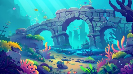 Poster - Underwater cave with stone bridge. Modern illustration of rocky landscape on bottom of deep sea or ocean, seaweed and fish on fantasy marine scene for adventure game. Drowned antique palace.