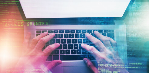 Poster - Hands, holographic and person with laptop, programmer and coding with internet, connection and keyboard. Mockup space, hacker and system with computer, overlay and cyber security with software update