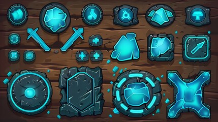 Poster - animation set of old stone game buttons with neon blue cracks. play, start, shop, resume, restart, l