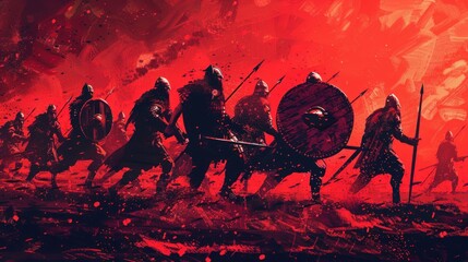 Viking warriors rushed war a red background. 2d illustration digital art