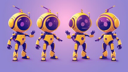 Poster - the cartoon illustration set shows a cute futuristic robot character with a friendly companion in ye