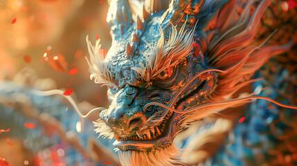 An Aggressive dragon rearing with cinematic background.