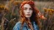 Ginger hair woman with bandana. girl with red hair and freckles, fashion model. beautiful serious woman outdoors. copy space.