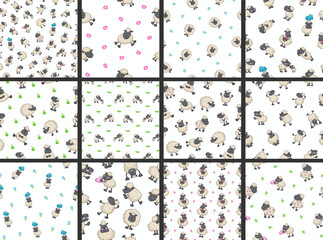 Wall Mural - Sheep character cartoon. Seamless pattern. Cute farm animal. Flower, grass and plant. Vector drawing. Collection of design ornaments.