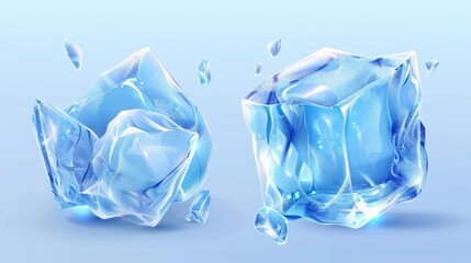 Poster - Realistic modern image of a 3D water ice cube piece. Translucent blue frozen cocktail drink. Clear glacial aqua beverage collection. Crystal bubble with light reflection.