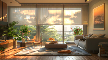 Wall Mural - Interior roller blinds are installed in the living room, featuring white colored roller shades on the windows. Within the same room, there are also a houseplant and a sofa present.