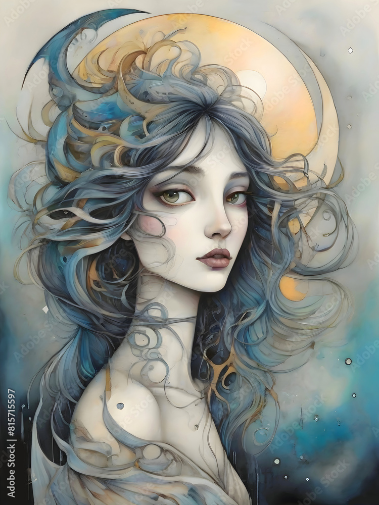 Claire de Lune Moon Lady Nature Surreal Illustration Art Stock ...