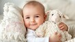© lililia - a happy 3-month-old baby as they lie on a cushion, clutching a little sheep toy, with a soft light bedroom background adding warmth and serenity to the scene.