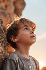 Wall Mural - Young Boy Confronted by Unscalable Wall at Sunset  