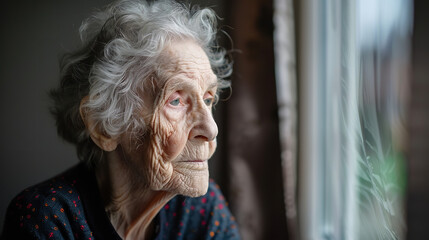 Sticker - Reflective Elderly Portrait Gazing Through Window in Minimalist Decor  