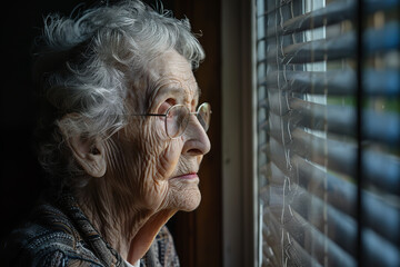 Sticker - Reflective Elderly Portrait Gazing Through Window in Minimalist Decor  