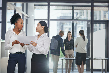 Poster - Office, smile and women with document, collaboration and teamwork of paperwork, planning and project of deal. Talking, employees and colleagues in discussion for meeting, bookkeeper and corporate
