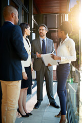 Poster - Outdoor, men and women with document, discussion and paperwork for planning of project and deal. Collaboration, employees and executive in talking for meeting, publicist and file for corporate