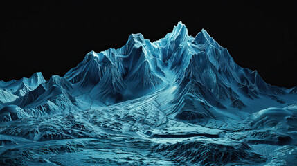 Technical visual illustration, mountain 3D LiDAR GIS aerial map mountains scan isolated against dark black background. Mountainous environment. Clear, beautiful, mapping topography data, blue render