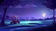 © Mark - Golf course at night under fool moon light with green grass and sandy areas. Cartoon twilight modern landscape with buggy cart, putters and pin flags near hole.