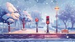 This modern depicts a winter street scene in a city, with sidewalks, traffic lights, crosswalks, trees covered in snow in public parks, bus stops and benches during snowfall.
