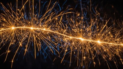 Poster - Golden sparks flying in various directions, creating intricate, mesmerizing pattern against dark background. Two bright spots serve as origin of these radiant lines.
