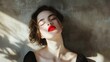 Gorgeous woman with red lips. sexy girl with red lips. sunlight and shadows, copy space. fashion model