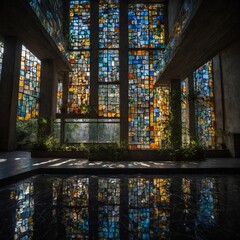 Poster - Sunlight filters through colorful stained glass window, casting vibrant reflections on glossy floor below. Architectural marvel accentuated by concrete beams that frame stained glass.