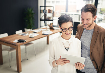 Poster - Tablet, business people or editors in startup meeting for solution, teamwork or discussion in office. Media manager, research or happy designers speaking of planning, creative ideas or online blog
