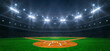 Modern sport stadium at night and baseball field ready for the match. Professional sports background for advertisement.