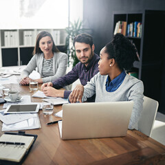 Poster - Business people, documents and meeting with laptop in office for proposal, planning and teamwork. Employees, support and paperwork on desk for financial review, collaboration and report on investment